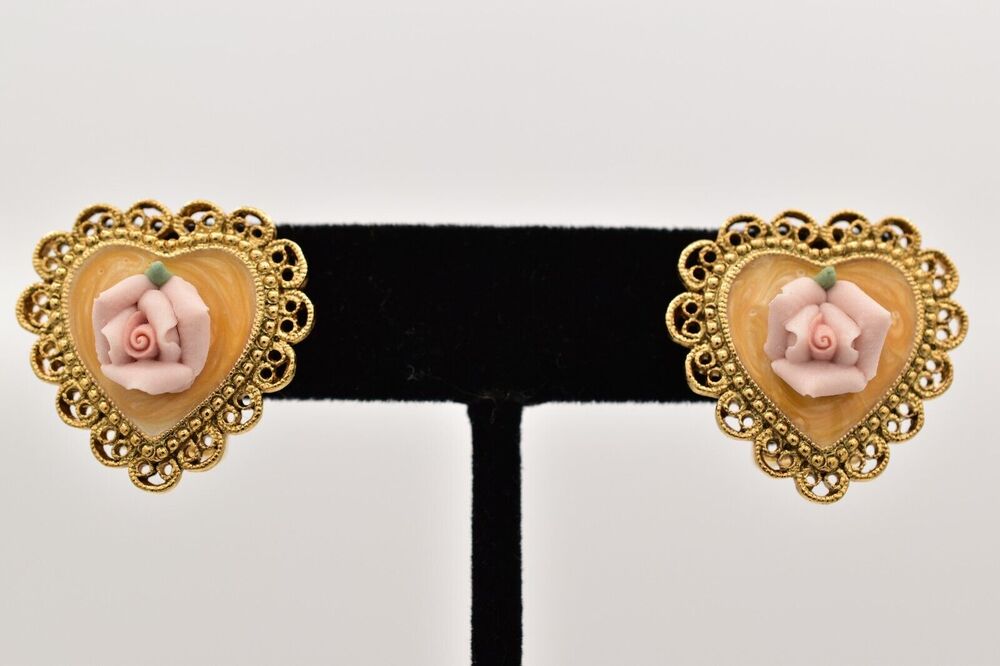 1928 Vintage Clip On Earrings Heart Porcelain Rose Gold Pink Romantic 80s BinBF